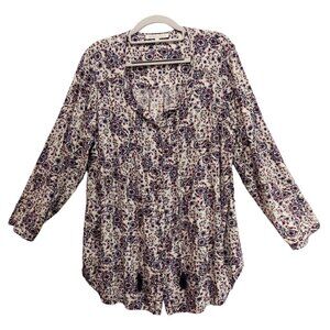 Daniel Rain Blouse womens 1x Peasant roll tab floral tie tassels silver buttons